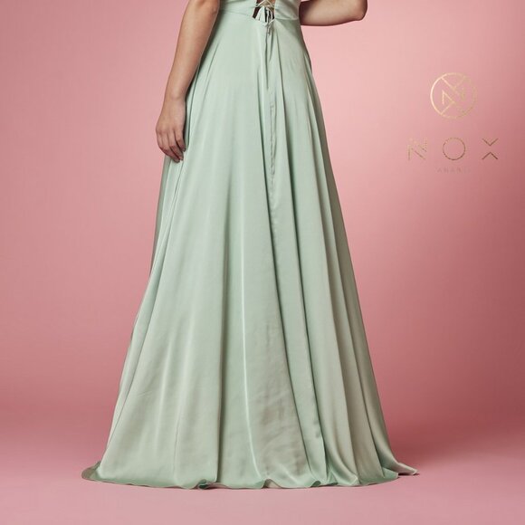 SAGE COLOR SATIN OPEN BACK PROM PARTY A-LINE LONG GOWN DRESS NX1020 - Picture 6 of 7